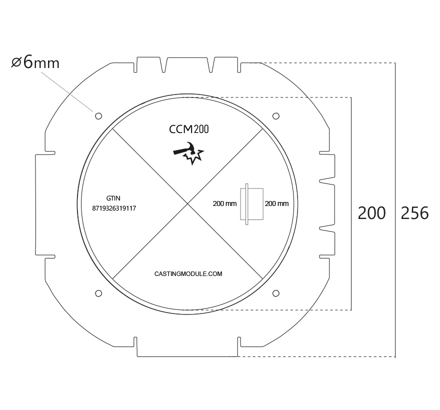 voorkant en afmetingen CCM200 instortmodule